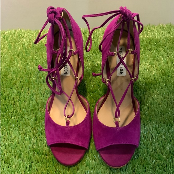 STEVE MADDEN - Never Worn | Fuchsia Lace-Up Sandal Heels in Suede | Size 7.5 - Picture 7 of 8